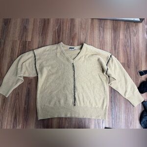 V-Neck Beige Sweater with Contrast Stitching